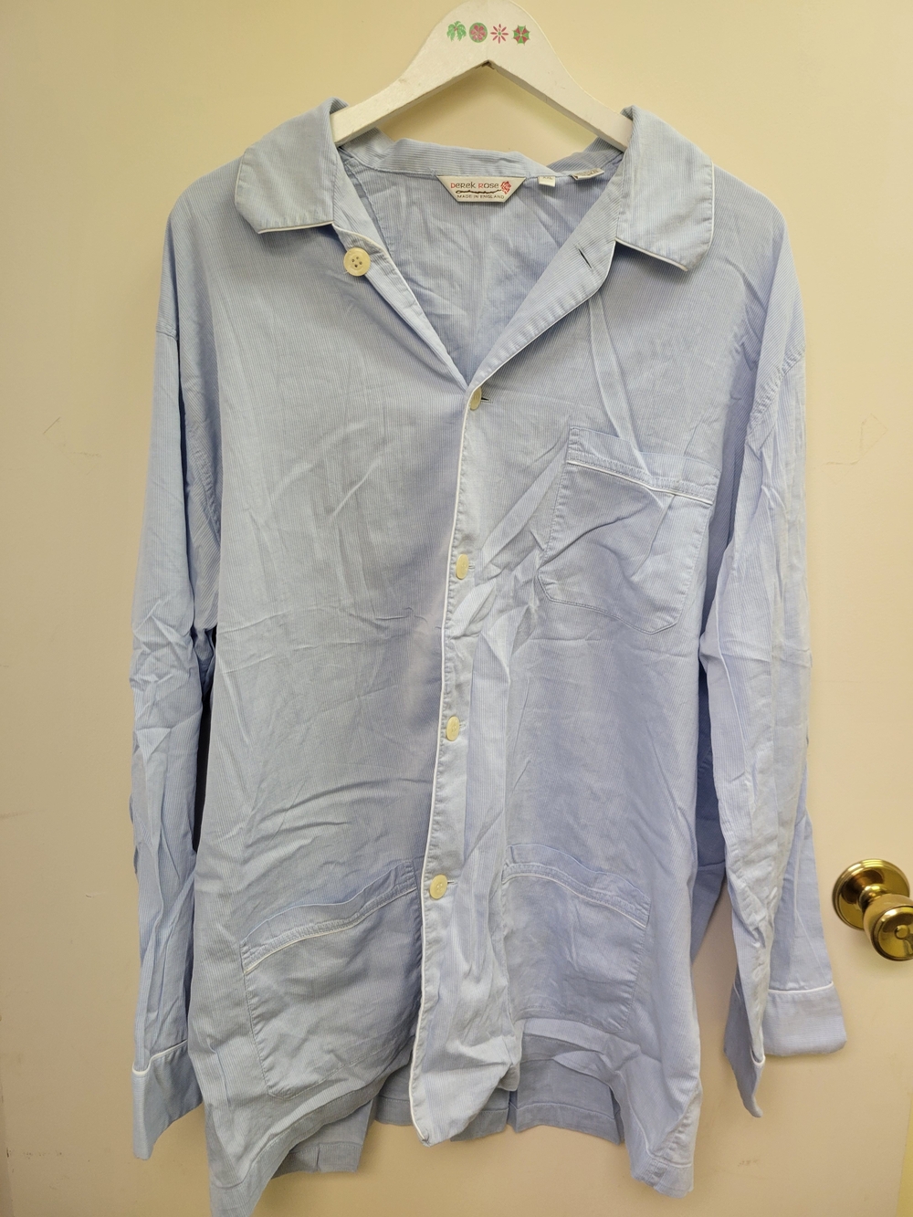 Derek Rose Men's Blue Striped Cotton Pajama Top Button Front Collared 2XL